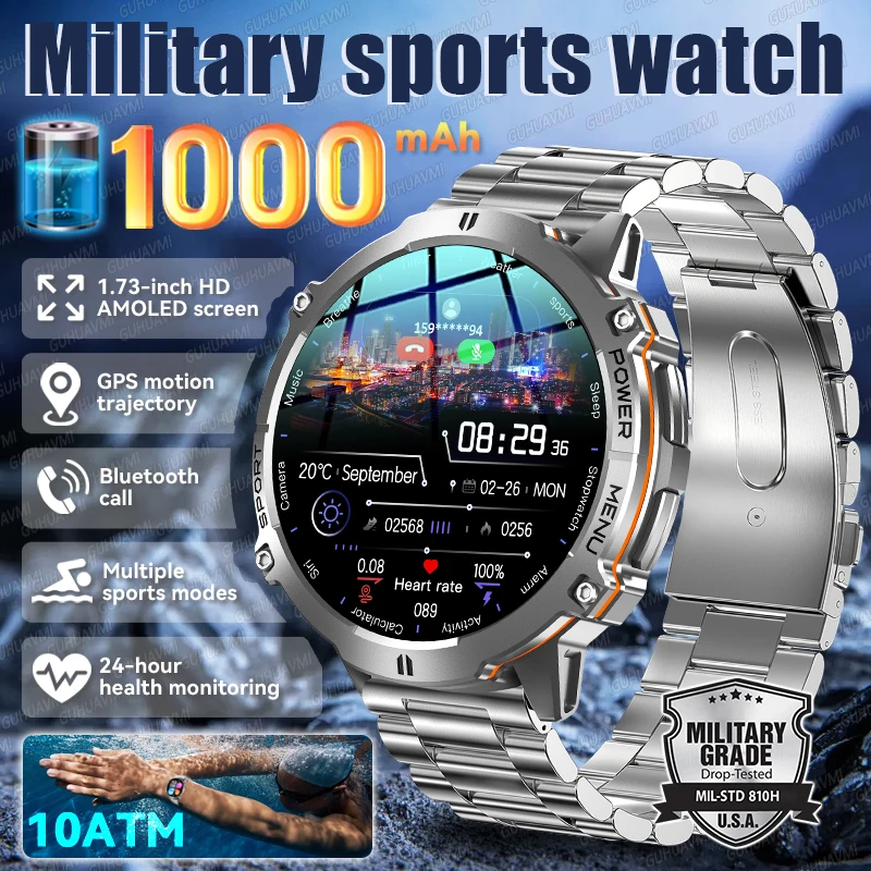 

2025 New Outdoors Military Ultra 1000mAh Battery SmartWatch GPS Motion track Compass 10ATM Waterproof Sports tracker Smartwatch