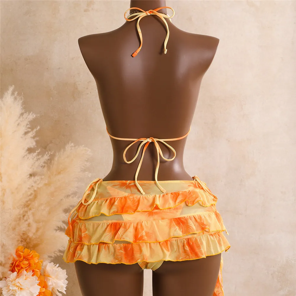 Flower Print Micro Thong Halter String 3 Piece Bikini Set Swimwear with Mini Ruffled Skirts Sexy Swimsuit Woman 2026 Beachwear