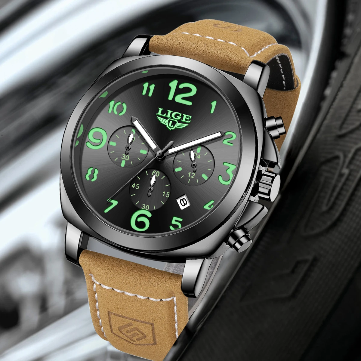 LIGE Luxury Man Wristwatch Chronograph Waterproof Luminous Date Watch for Men Casual Leather Sports Military Quartz Mens Watches
