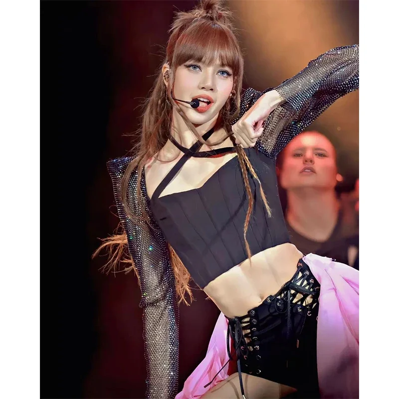 New Kpop Korean Singer Women Stage Costume Shiny Black Tops Bandage Shorts Jazz Pole Dance Performance Clothing Y2K Concert Wear