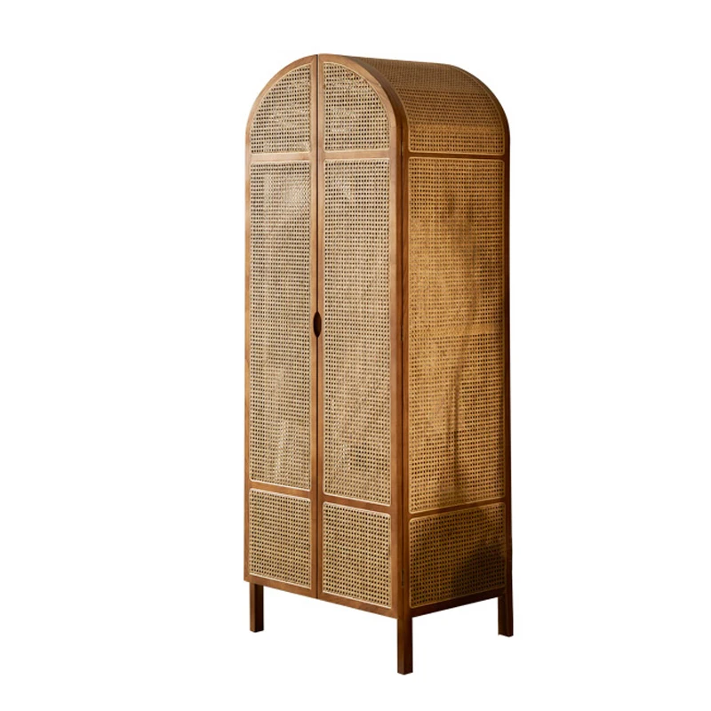 

Nordic Solid Wood Rattan Wardrobe Storage Cabinet Small Apartment Type Retro Home Arch Dome Flat Door Storage Clothes Cabinet