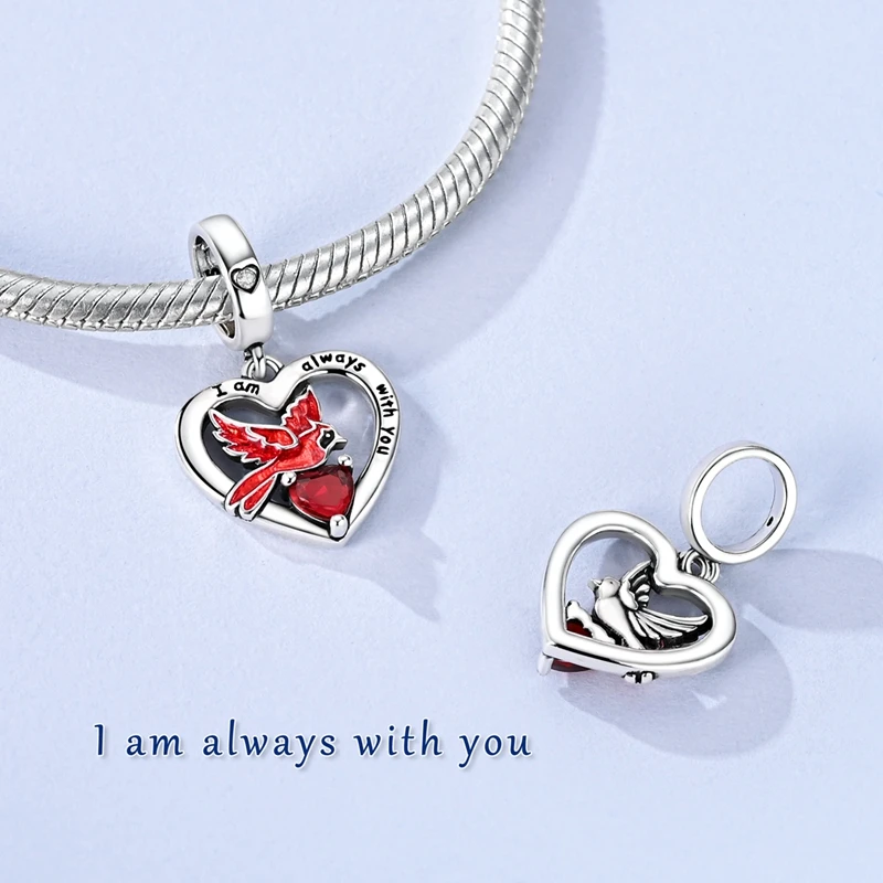 Red Cardinal Bird Heart Dangle Charm 925 Sterling Silver Bead Engraved 
