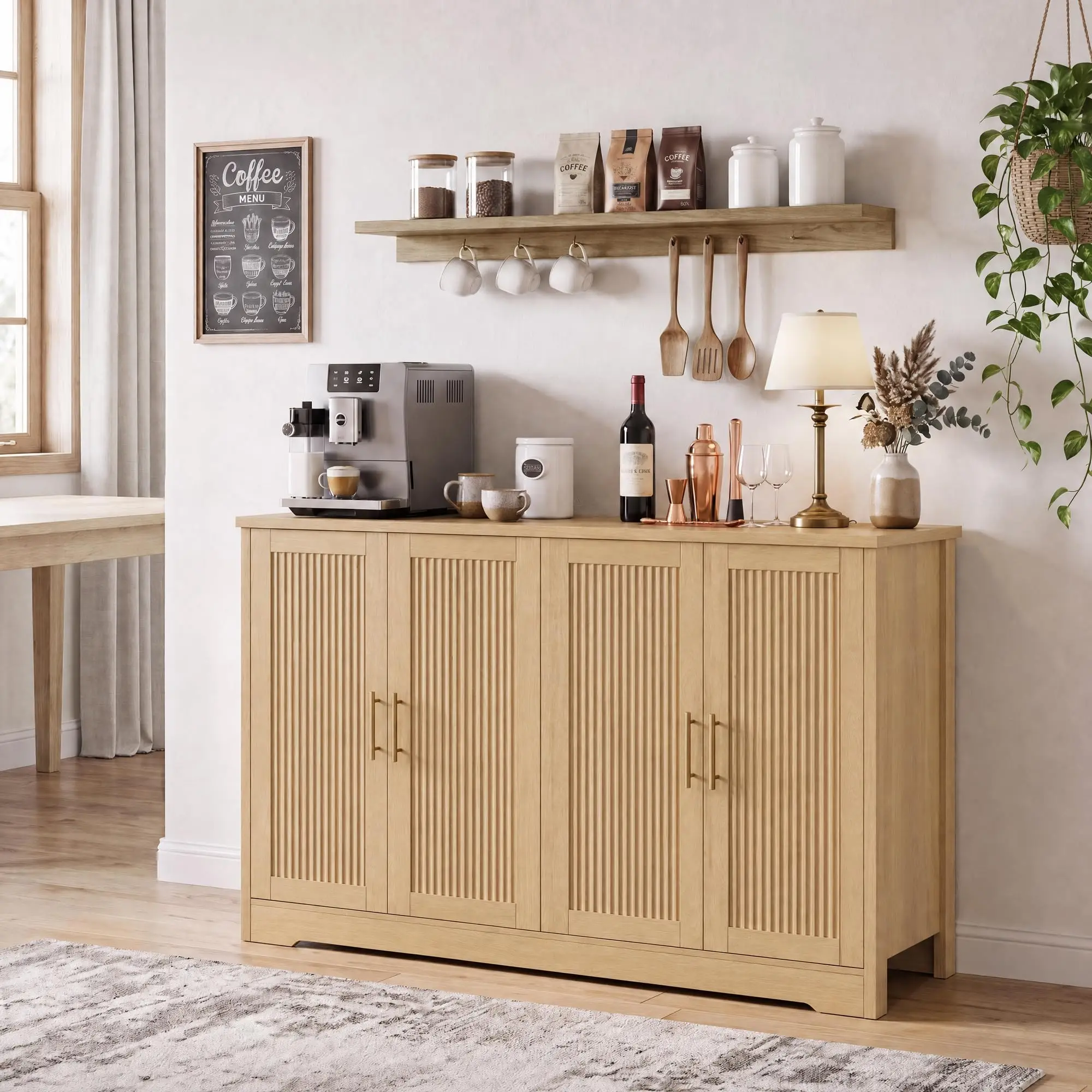 55.5 Inch Fluted Sideboard Buffet Cabinet, 4 Door Coffee Bar Cabinet With Adjustable Shelves and Removable Wine Rack For Kitchen
