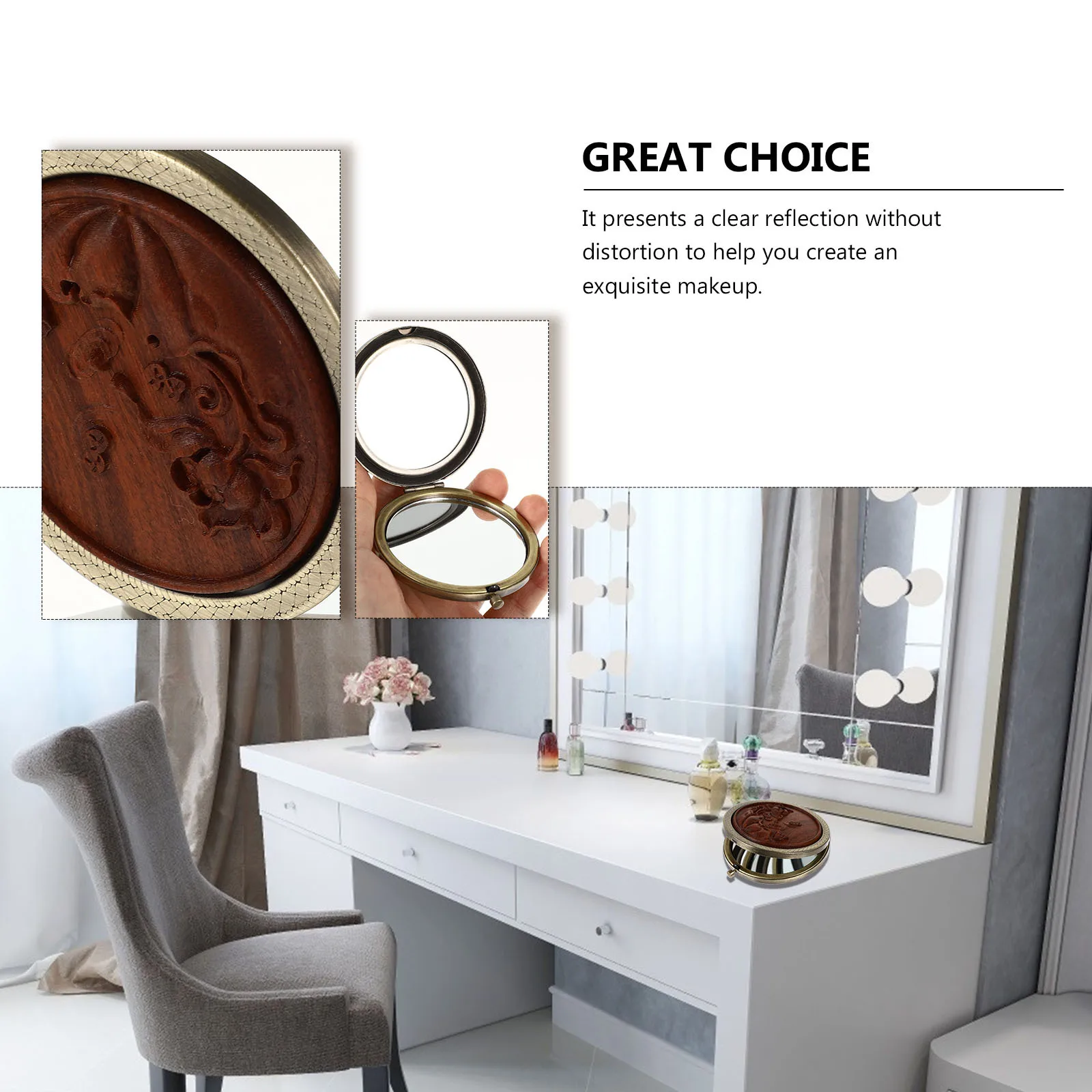 Folding Makeup Mirror Portable Compact Round Wood Design Clear Non-Distorted Reflection Female Gift Travel Essential Mirror
