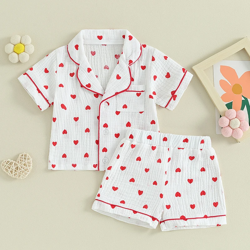 Toddler Baby Girl Valentine s Day Pajamas Set Heart Button Down Short Sleeve Sleepwear Loungewear 2 Piece Pjs Set