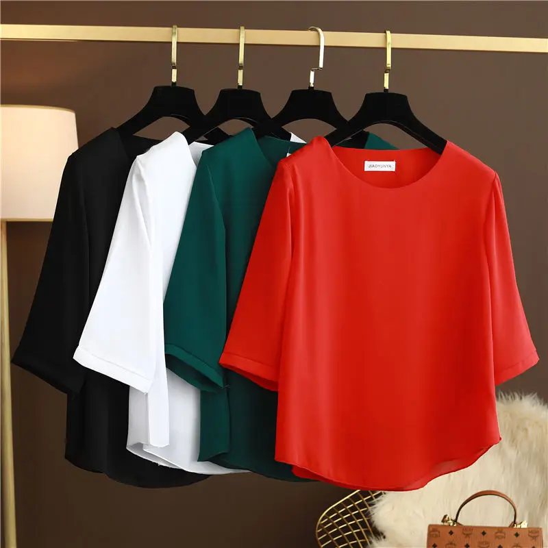 Fashion Women Chiffon Shirt 2024 Summer Half Sleeve Round Neck Blouse Casual Solid Color Loose Oversize Lady Top Blusas Mujer De