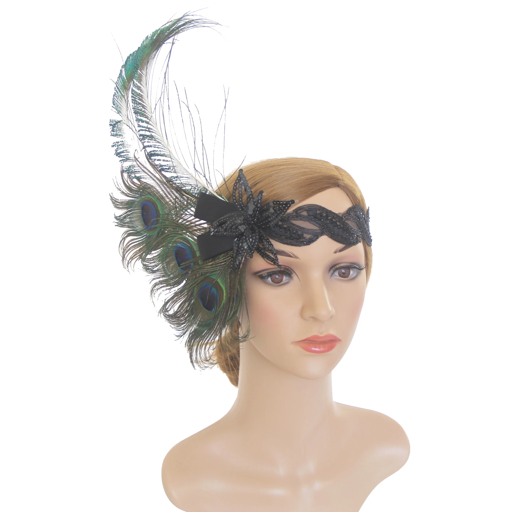 

1920s Flapper Gatsby Peacock Feather Headband, 20s Beaded Showgirl Headpiece, Feather Elastic Hair Band