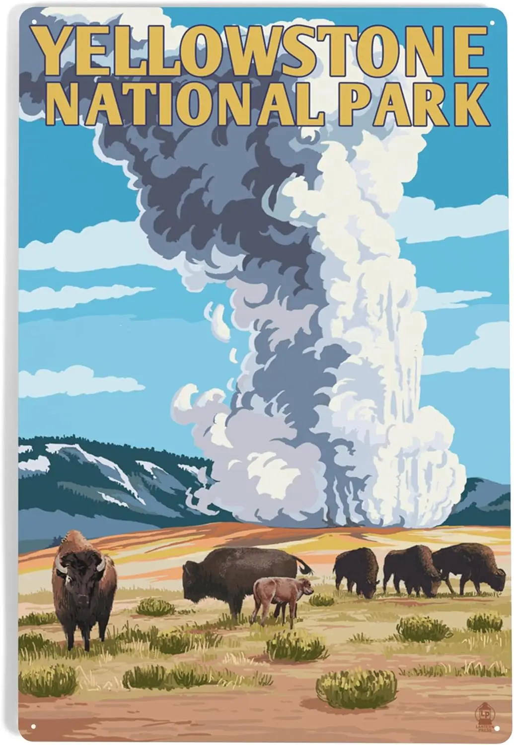 Lantern Press 12x18 Inch Metal Sign, Yellowstone National Park, Wyoming, Old Faithful Geyser and Bison Herd