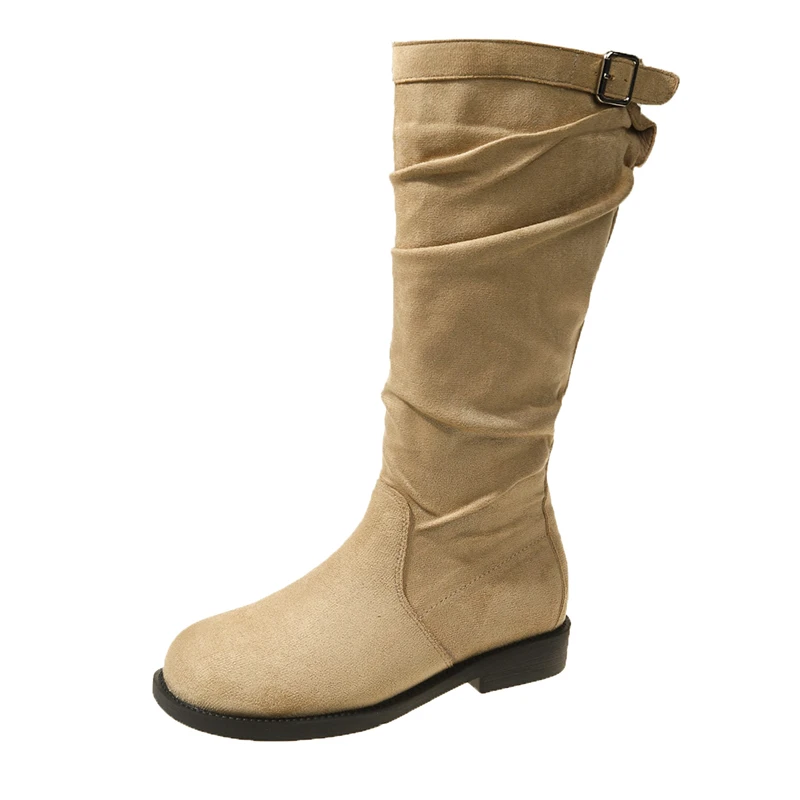 2026 Fashion Autumn Winter Women High Boots Female Slip-on Folds Low Heel Round Toe Flat Long Boots Plus Size Botas De Mujer