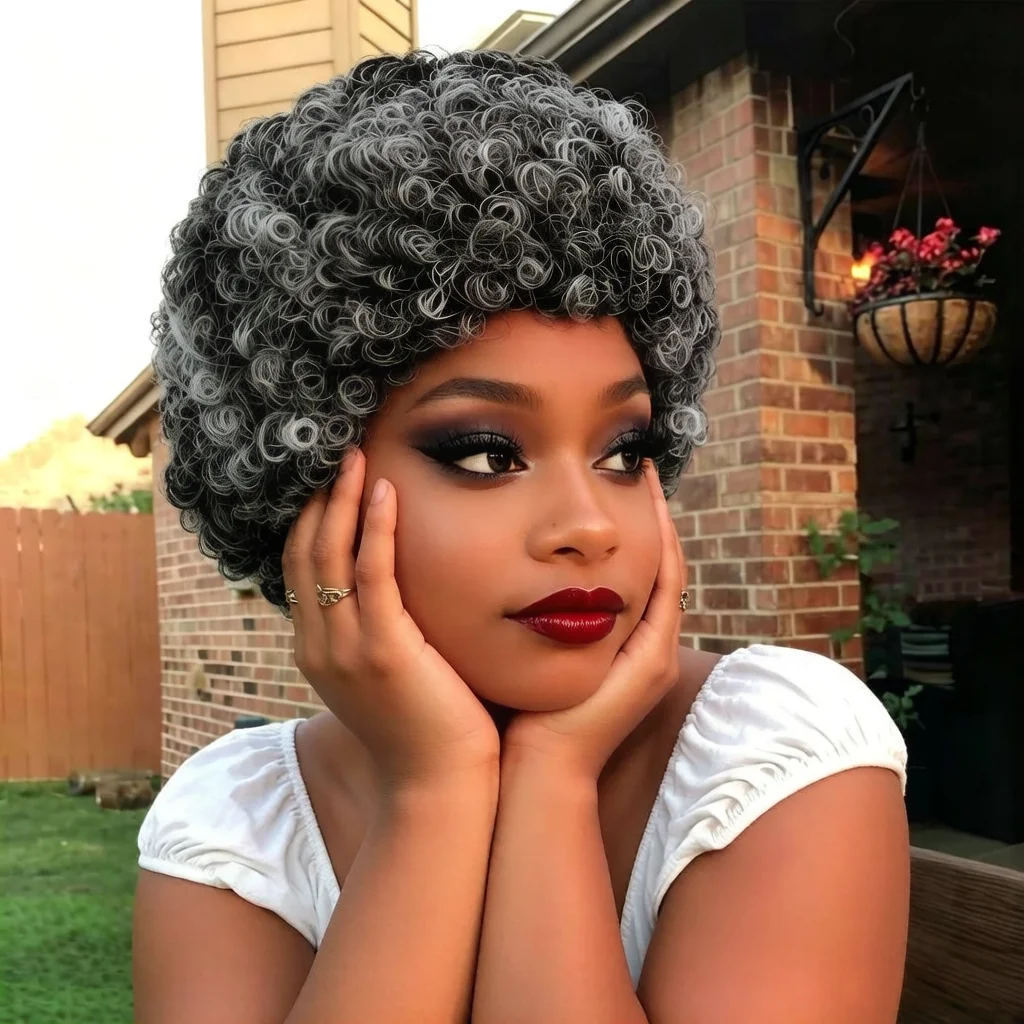 Human Hair Salt & Pepper Short Curly Wig, Natural Gray Mix Color, Soft Afro Kinky Curly with Bangs, full machine made