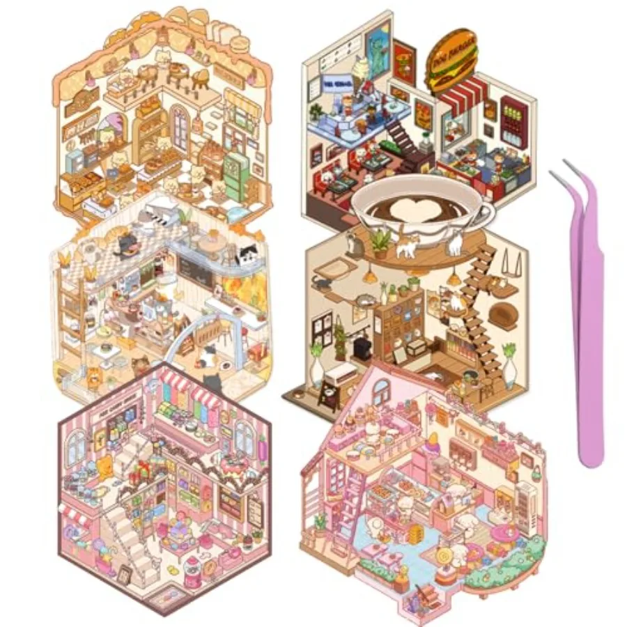 

DIY 3D Sticker Scene House - 6 Sets Kawaii Cozy Room Stickers for Adults and,Miniature Scenic 3D Therapy Stickers for Stress Re