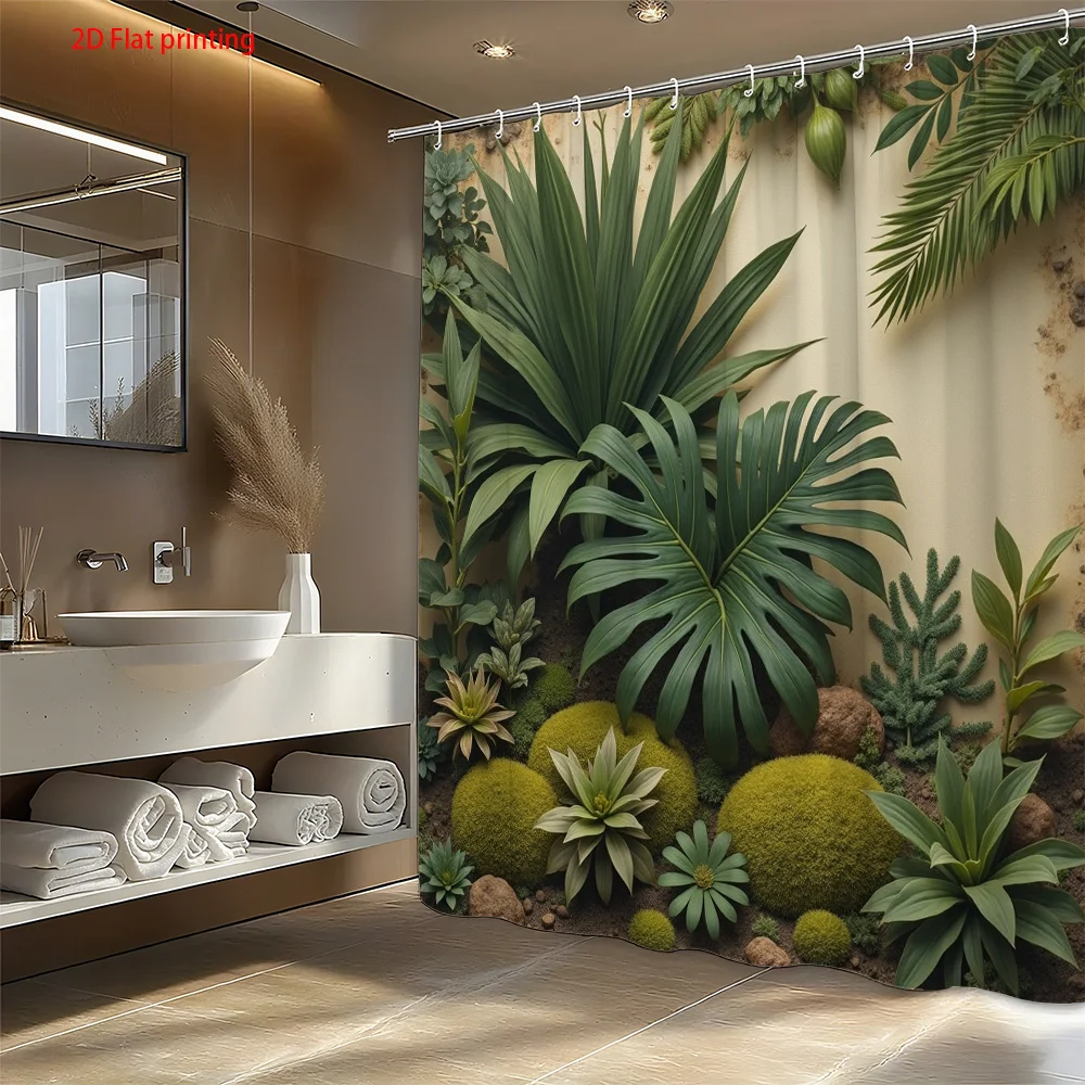 Tropical Palm Leaves Monstera Shower Curtain, Green Plant Waterproof Bath Curtain, Jungle Botanical Bathroom Decor