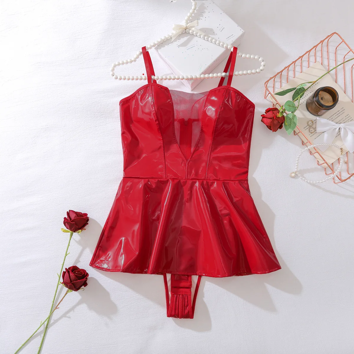 Fashion Hot Girl Body Waist Shaping Exotic Bodysuits Dresses Sexy PU Leather Tight Suspender Short Skirt Party One-piece Outfits