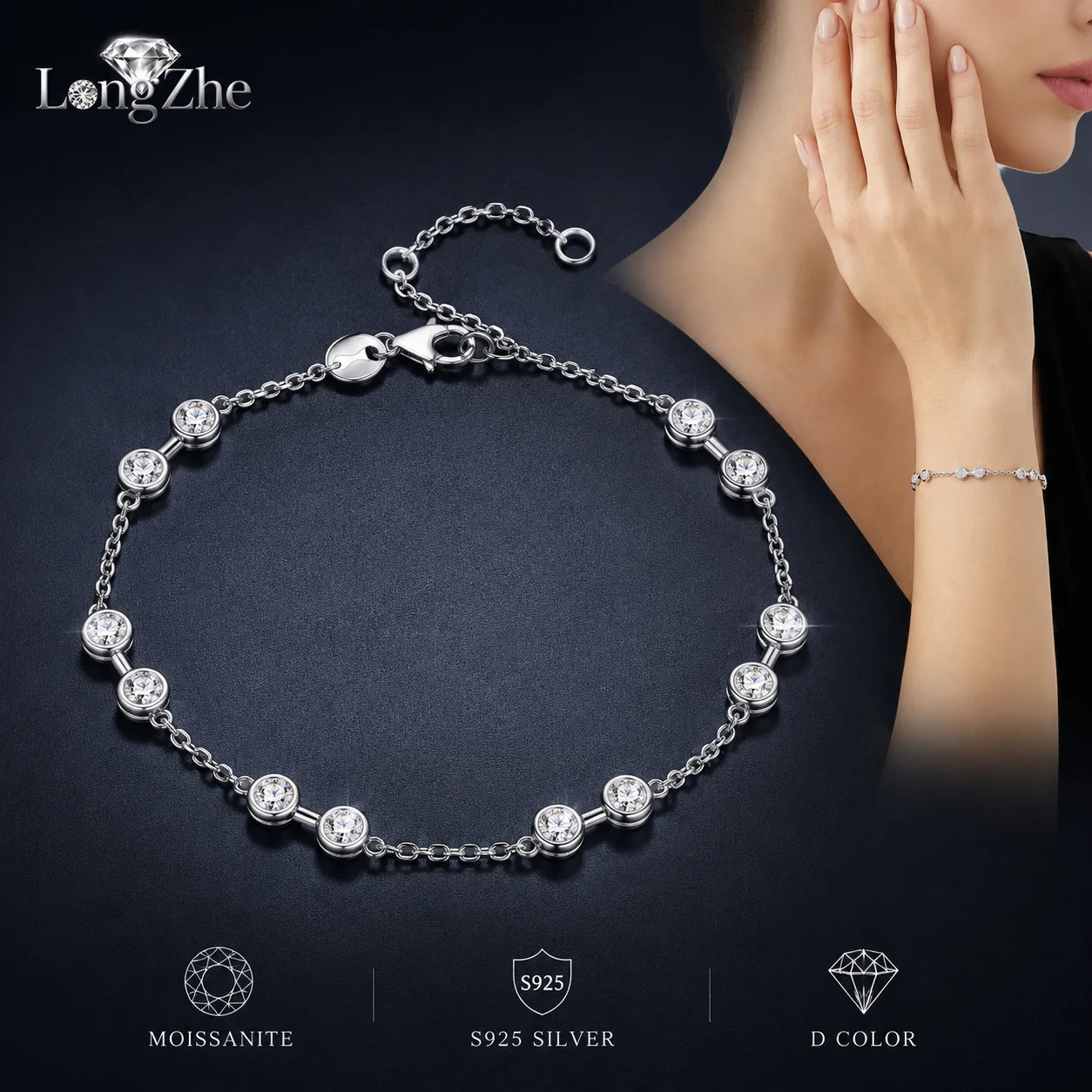 LongZhe Moissanite Bracelet S925 Sterling Silver 3mm 14 Stones Bezel Chain Bracelet 16+5cm Light Luxury Jewelry Gift for Women