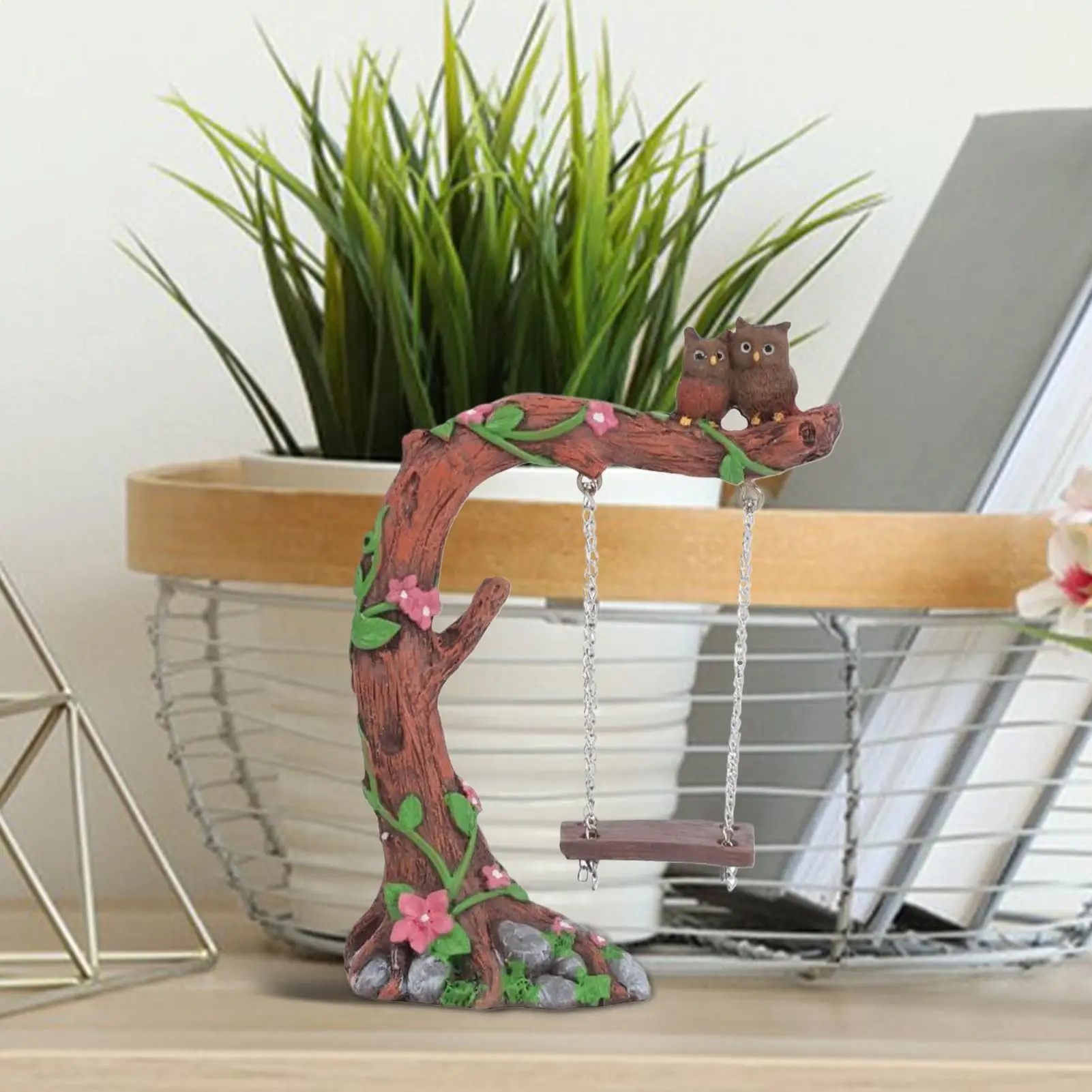 

Статуя качелей, маленькое пейзажное украшение, скульптура, сова из смолы на дереве, фигурка качелей для тумбочки, книжной полки, гардеробной