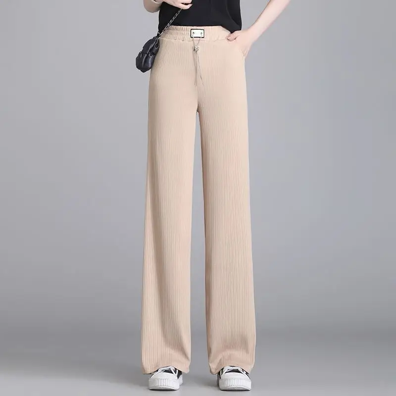 2024 Spring Summer New Commute Fashion Women's Solid Color Elastic High Waist Trousers Thin Loose Wide Leg Straight Casual Pants