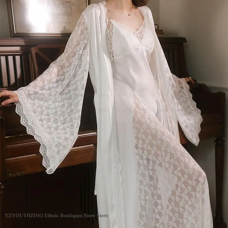 

Elegant Bride Wedding Robe Dress Nightgown Set Sexy Hollow Out Lace Nightdress Homewear Suit Loose Ice Silk Loungewear Lingerie