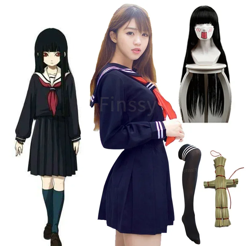 Cosxie Anime Jigoku Shoujo Enma Ai Cosplay Costume Halloween Carnival Lori Party Short Sleeve Skirt  Wig Scarecrow Socks