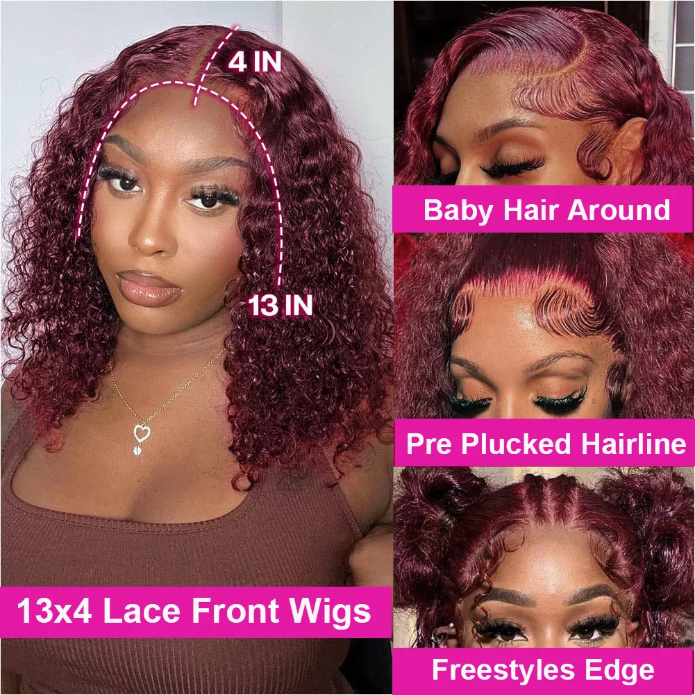 Perruque Bob Lace Front Wig 100% naturelle brésilienne, cheveux courts bouclés, bordeaux 99J, 13x4, 16 pouces, densité 180