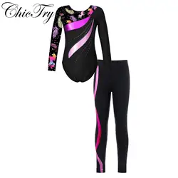 Kids Girls Ballet Gymnastics Sets Shiny Rhinestones Printed Leotard with Pants for Dance Performance Sports Workout Competition