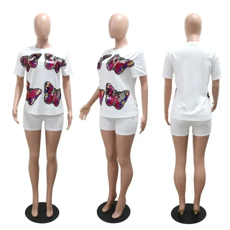 

Fashion Women's Set Short Sleeve Sequined Butterfly T-shirt and Shorts 2025 Active Two 2 Piece Sets Outfits Tracksuit 2025 New
