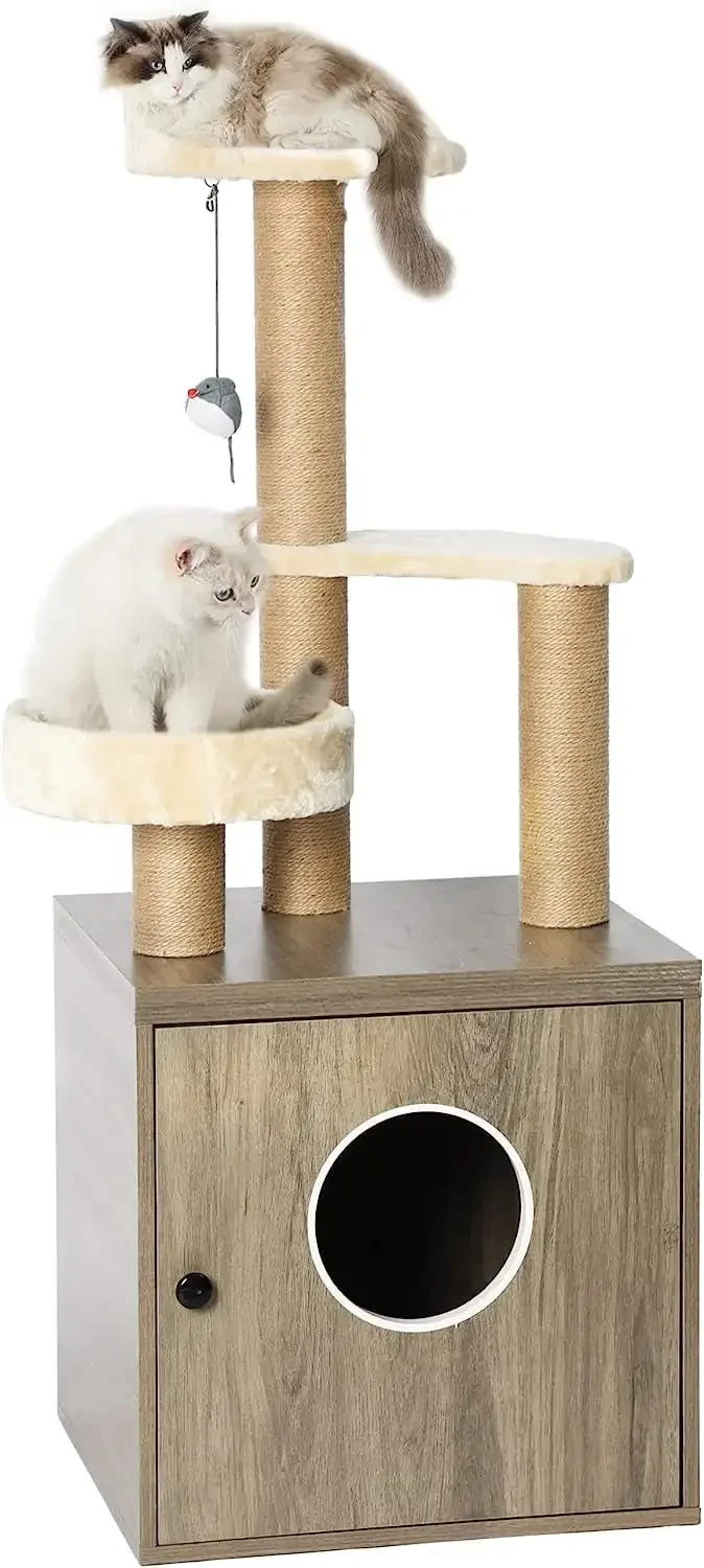 

Litter Box Enclosure with Cat Tree and Tower 4-in-1 Separable Cat Furniture Endtable with Hammock and Scratching Posts