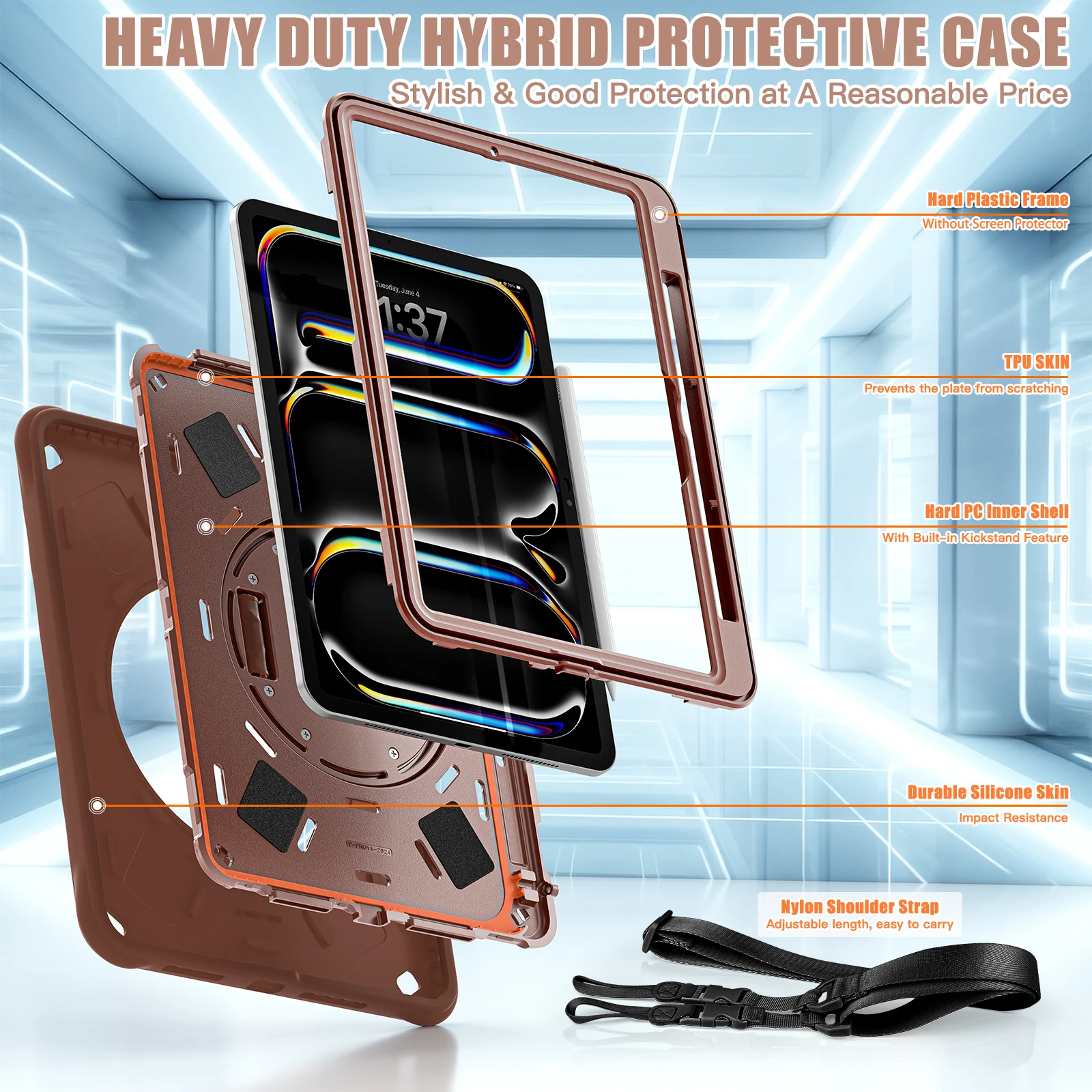 Heavy Duty Hybrid Case For iPad Pro 11 2024 M4 A2836 A2837 A3006 360 Rotatable Stand Cover With Adjustable Hand Shoulder Strap 