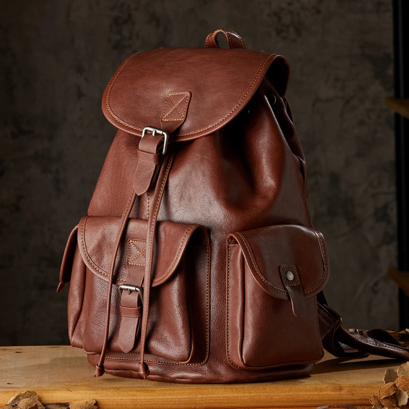 Sac à dos rétro en cuir véritable pour homme, cuir de vachette, sac d'école, grande capacité, sac à dos pour ordinateur portable, voyage, extérieur, bureau, affaires