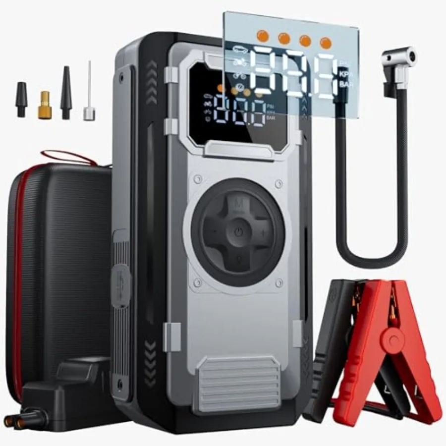 

6000A Jump Starter with Air Compressor150PSI Car Battery Tire Inflator All Gas/10.0L Diesel Engines 12V Car Battery Jump Box wi
