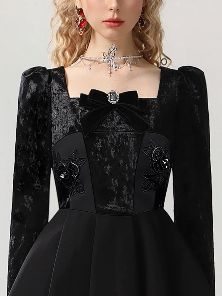 LEOSOXS Sweet Girly Dresses 2024 Autumn/winter New Black Velvet Splicing Bow Embellished Waist Vintage Dress  Women Dress