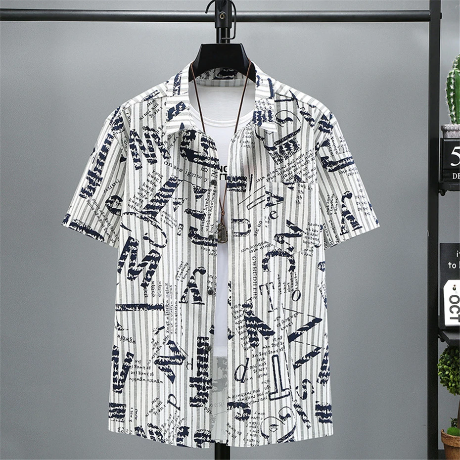 Hip Hop Streetwear Shirt Men Summer Short Sleeve Shirts Plus Size 10XL 11XL Fashion Stripe Shirts Male Big Size Tops