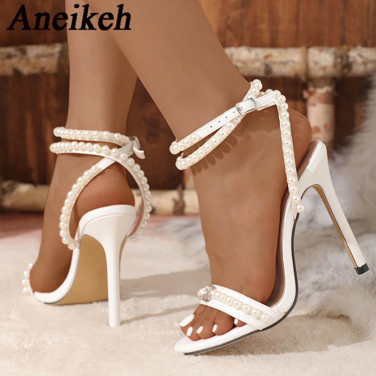 Aneikeh-Talons hauts à tête ronde pour femmes, décoration de nœud, sandales de fête, blanc, perlé, mode estivale, 2024