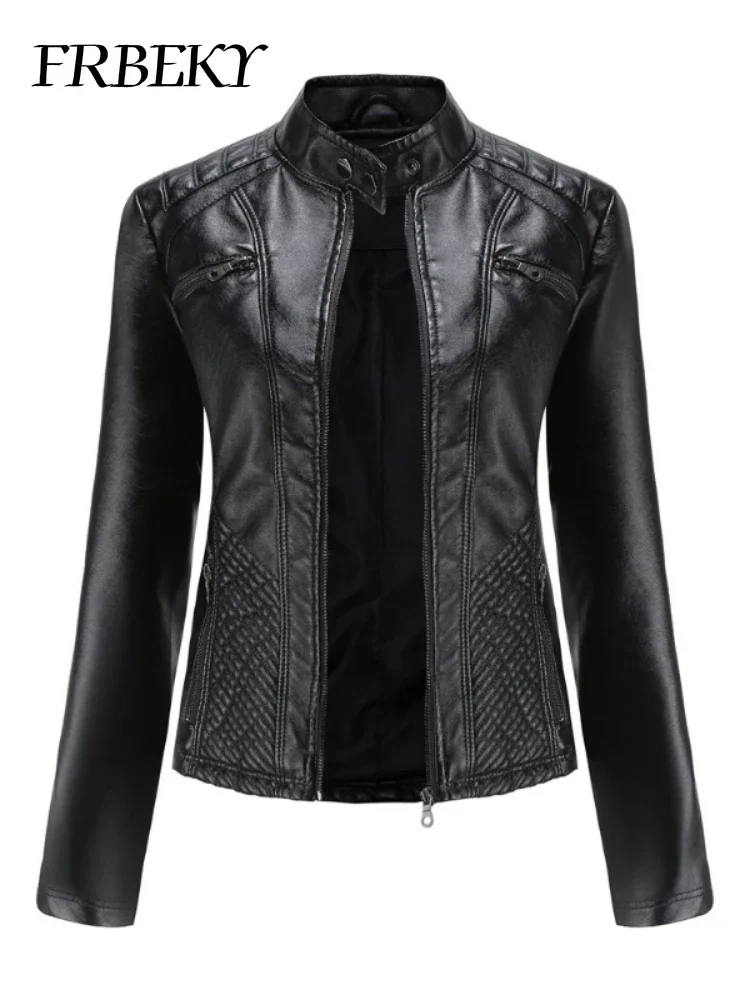 

Women coat Autumn New Casual Leather Jacket Standing Collar Long Sleeve Jacket Slim Solid Color Coat Streetwear Zipper Jacket