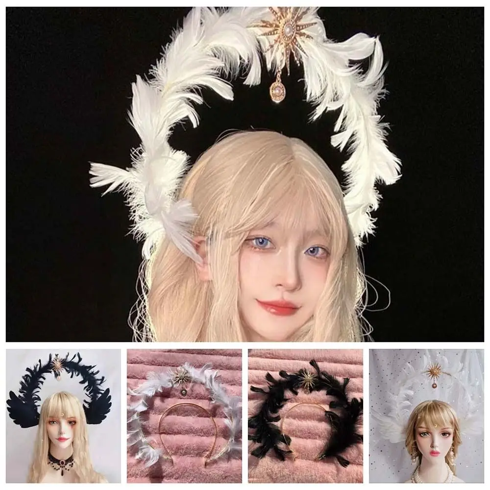 Moda Dea Piuma Fascia Stella Sole Ala d'angelo Cerchietto per capelli Copricapo a doppio strato Fasce per capelli Lolita Bambini