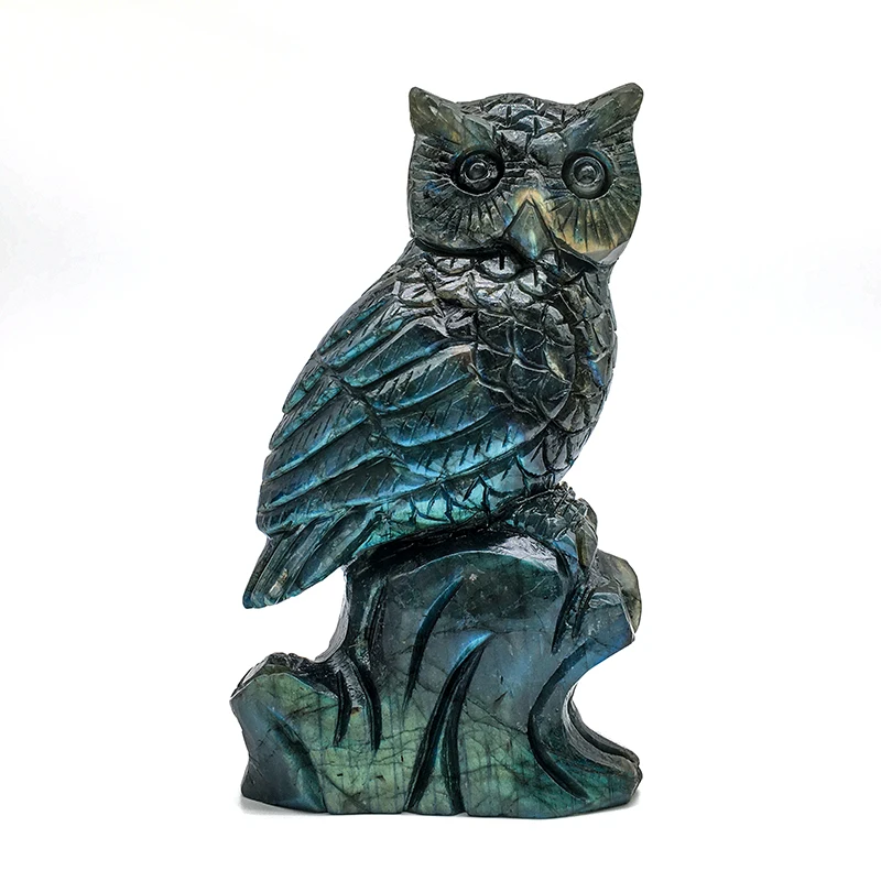 Hot sale natural crystal animals hand Carved labradorite Owls crystal craft blue flash owl for home decoration