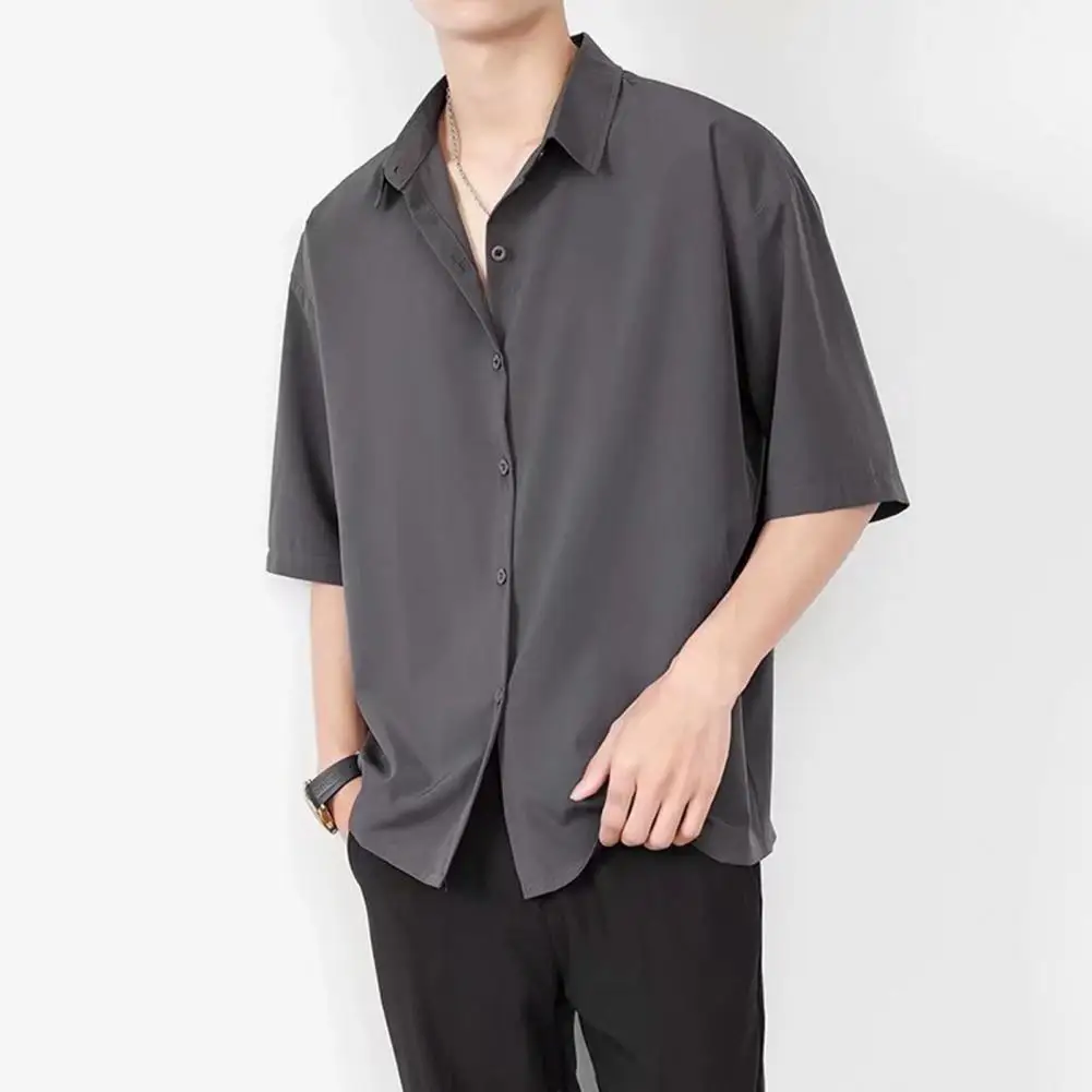 

Summer Ice Silk Shirt Men's Casual Loose Fit Ice Silk Shirt with Turn-down Collar Half Sleeves Stylish Button-up Top for School