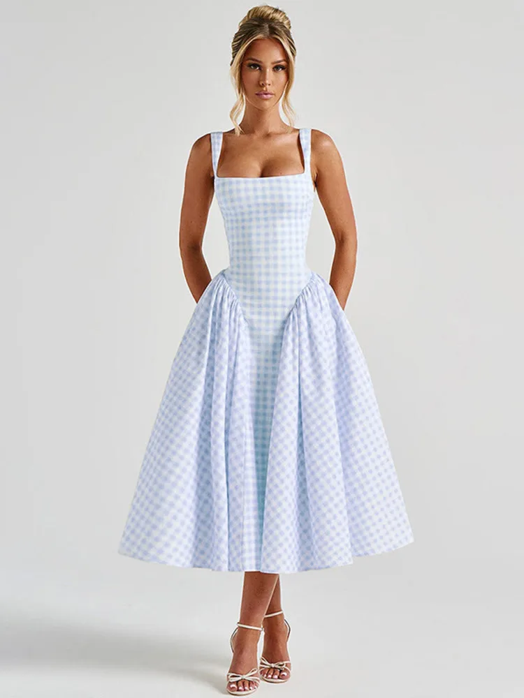 Plaid Printed Spaghetti Strap Sexy A-line Dress Women 2026 Elegant Summer Dress Backless Party Midi Dress Vestidos - Image 4