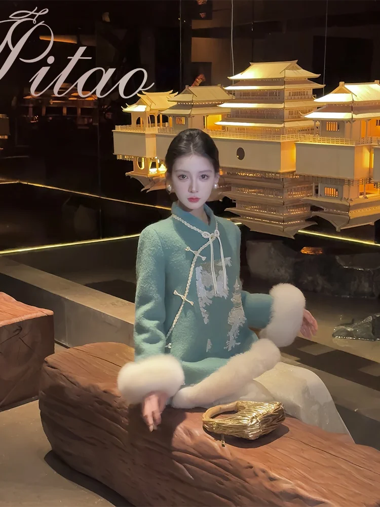 

Пальто-мантла Pitao из натурального меха и шерсти: Китайская элегантность и тепло, длинный рукав, круглый вырез, стандартный крой, зимнее пальто