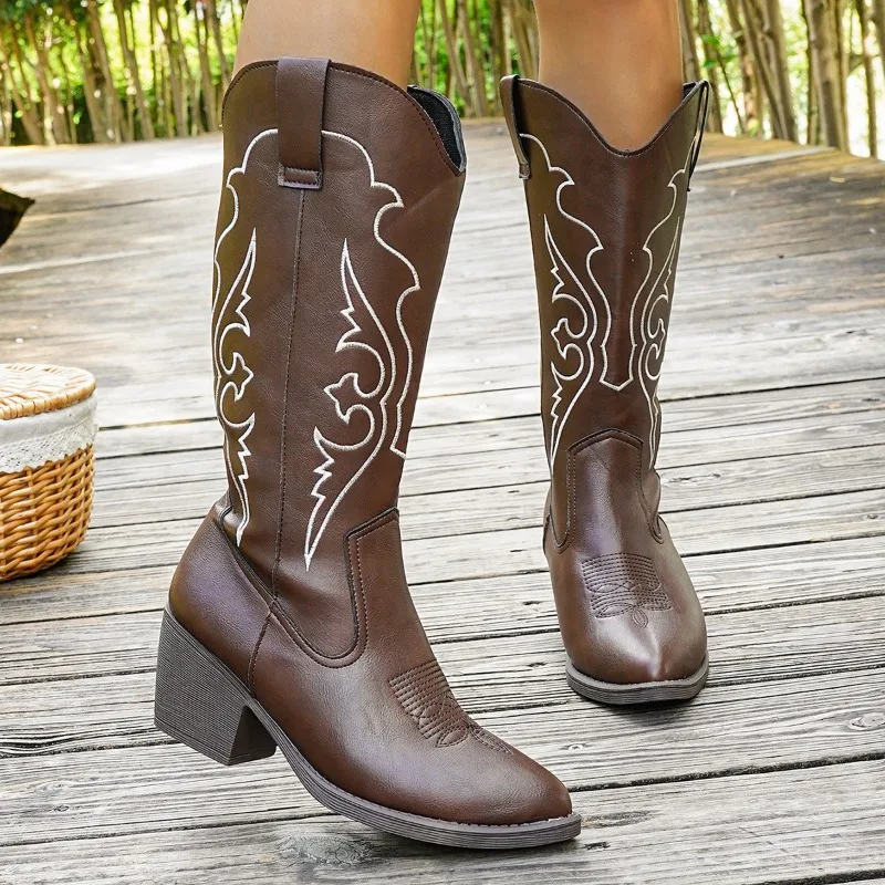 Plus Size 43 Autumn New Women's V-neck Mid-calf Boots Retro Pointed-toe Embroidered High-heeled Western Knight Boots for Women - view 3