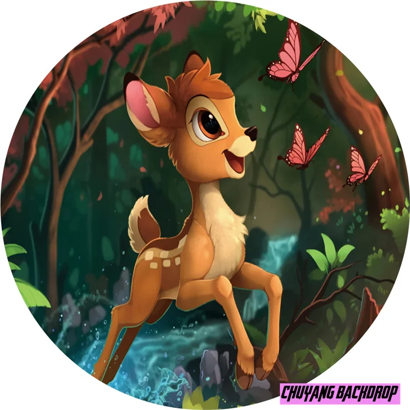 Disney Cute Custom Bambi Deer Circle Backdrop Girl Birthday Baby Shower Backdrop Round Cover Decorations Photo Booth Prop