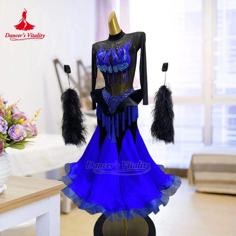 Waltz AB Stone Mesh Ballroom Dance High-neck Wrapped Hips Dresses Customize Adult Women Tango Contest Clothing Dancer's Vitality