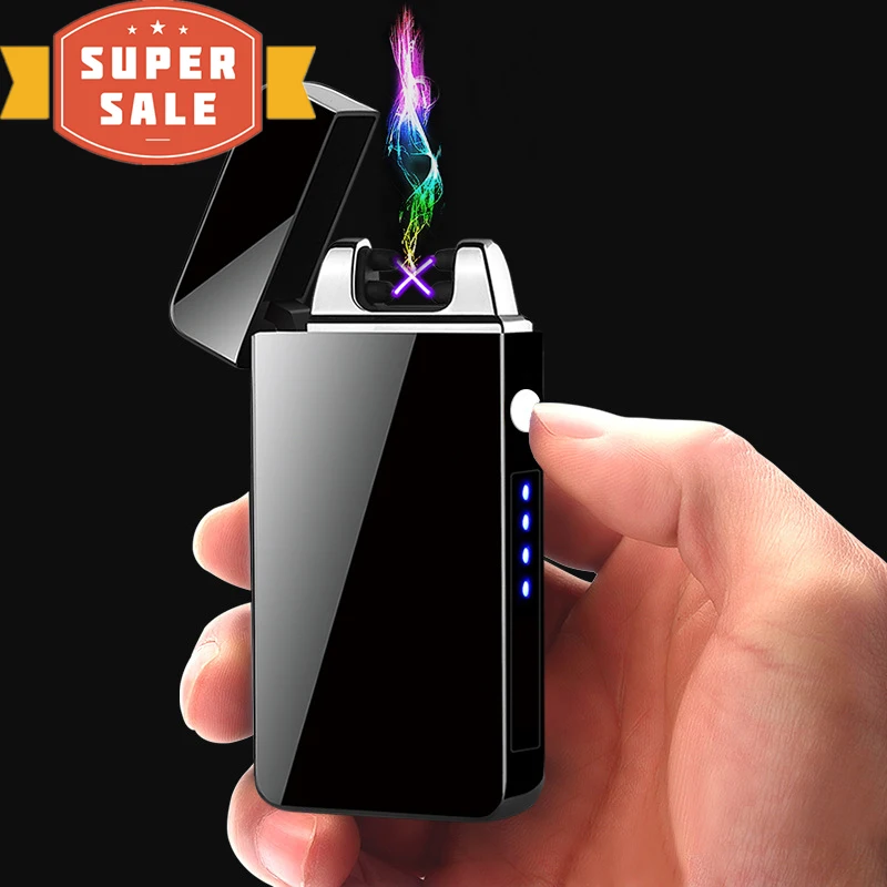 Dual Arc Windproof Flameless Lighter with LED power display USB Touch Metal Plasma Lighter Portable Men\'s gift