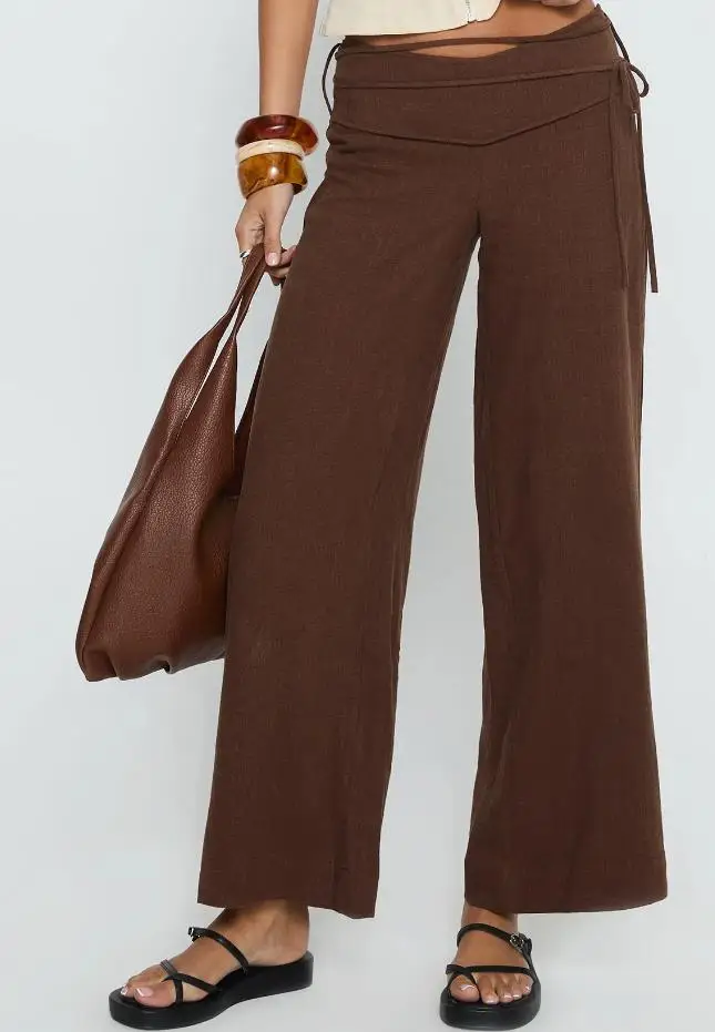 Women Casual Long Pants Loose Striped/Solid Mid Rise Wide Leg Trousers for Daily Outdoor