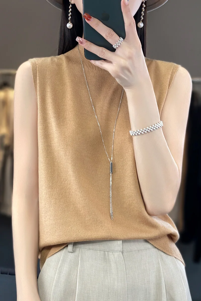 2024 New Spring Summer New Mock Neck Cashmere vest  Women  sleeveless Cashmere vest Knitted vest Women