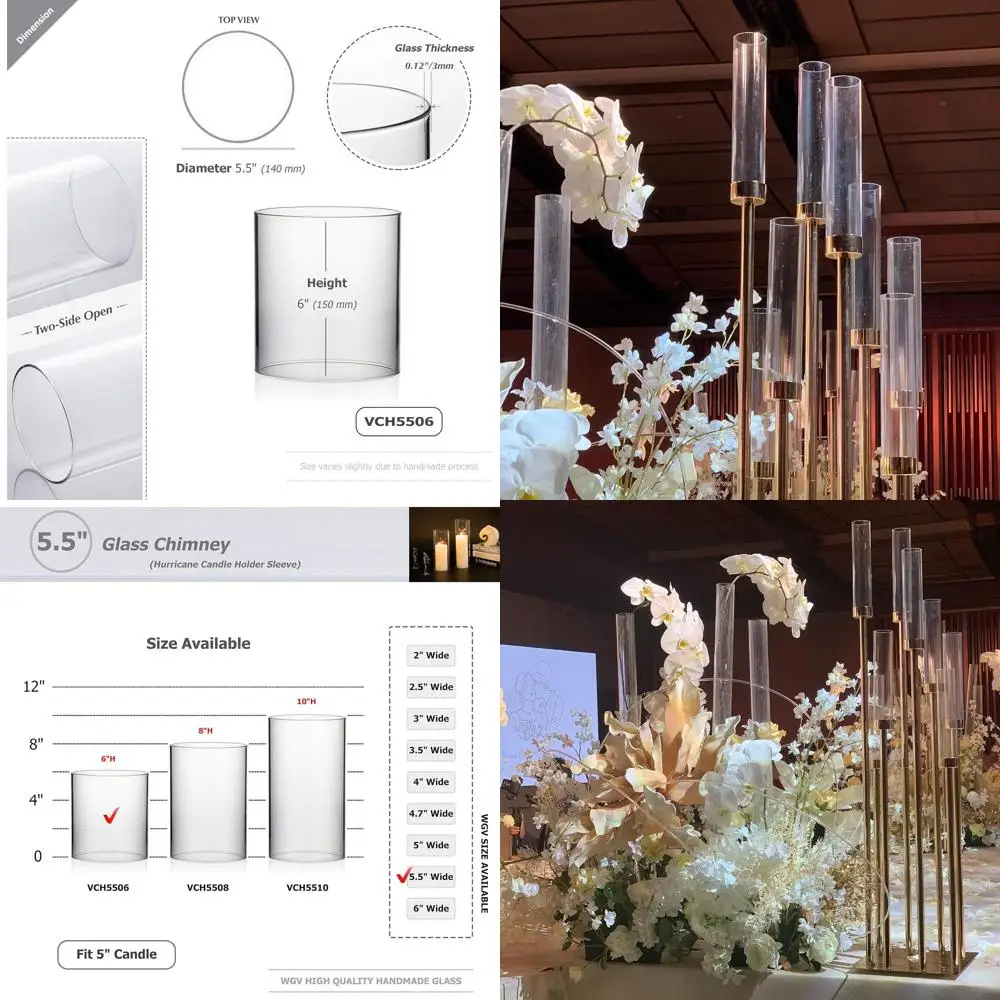 

Set of 6 Wide 5.5 Glass Cylinder Candle Holders, 6 Tall, with Open-Ended Chimney Shades
