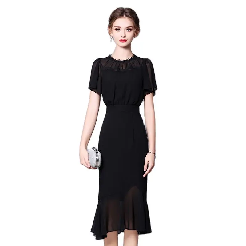 2023 summer new fashion lace puff sleeve waist closing summer new age medium long trumpet dress