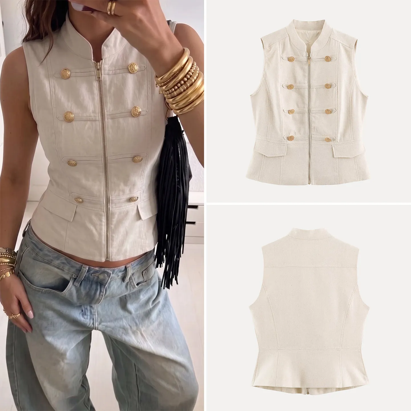 Fashionable Double-Row Button Decorated Napoleon Style Vest Top Women's Clothing Personality Express Fashion Autumn Wear