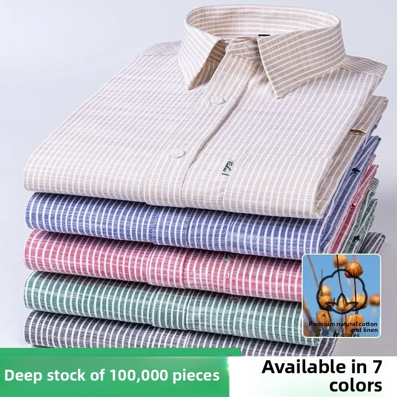

Мужская повседневная льняная рубашка с длинным рукавом, дышащая, из хлопка, в полоску, с карманом, удобная, свободного кроя, весенне-летняя