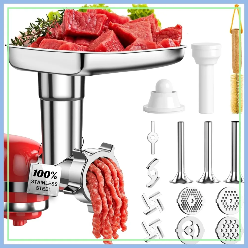 

100% Polished Stainless Steel Meat Grinder Attachment for KitchenAid Mixer, Dishwasher Safe, 18-Piece Set with Sausage Stuffers & Grinding Plates