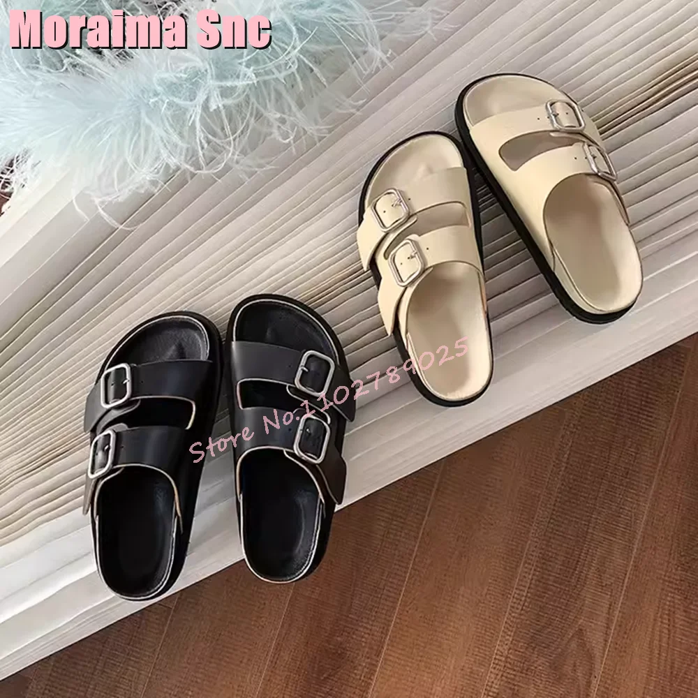 

Fashion Belt Buckle Round Toe Slippers Flat With Casual Outdoor Beach Shoes Women Slides Black Solid 2024 New Summer Slip On